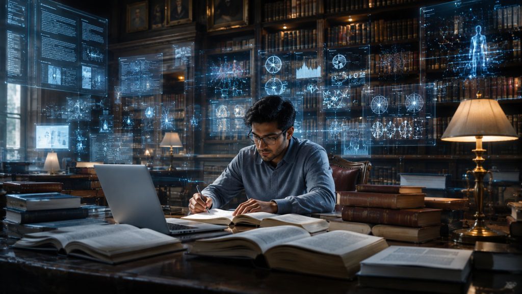 Medical researcher using AI to review scientific literature