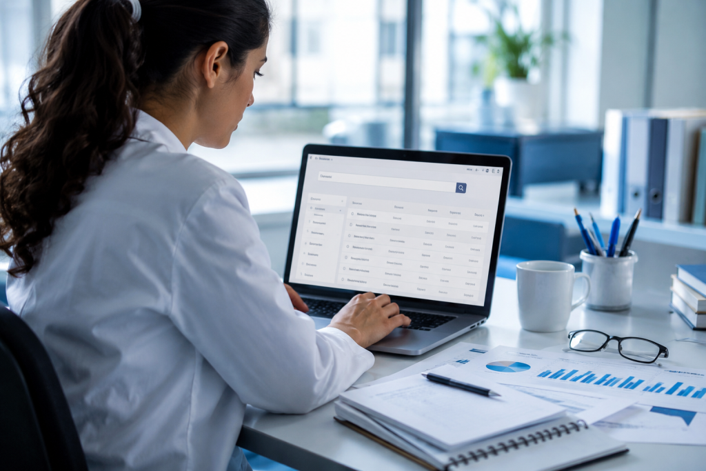 Academic researcher reviewing Scopus indexing status, coverage years, and journal details on a laptop