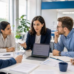 International researchers reviewing the author list of a scientific manuscript before journal submission