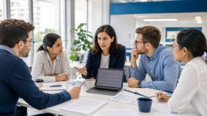 International researchers reviewing the author list of a scientific manuscript before journal submission